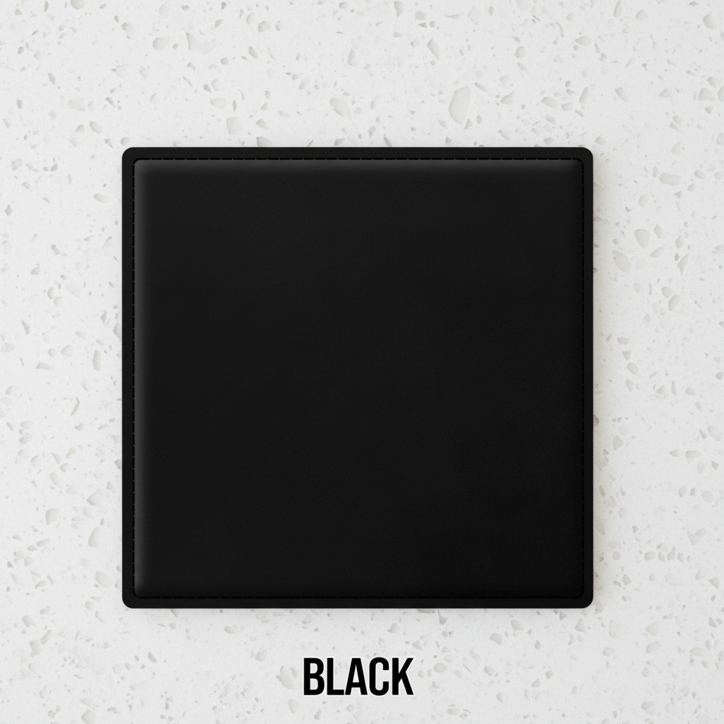 Set of four black leatherette coasters with custom logo branding for weddings, events, and corporate gifts