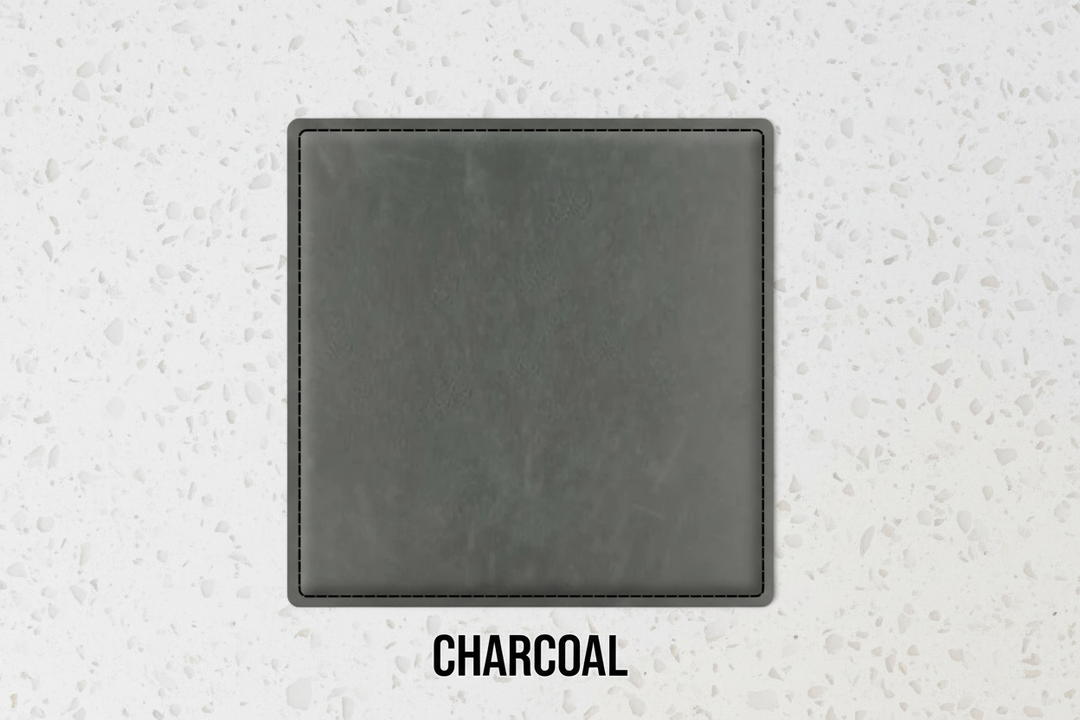 Set of four dark gray leatherette coasters with custom logo branding for weddings, events, and corporate gifts