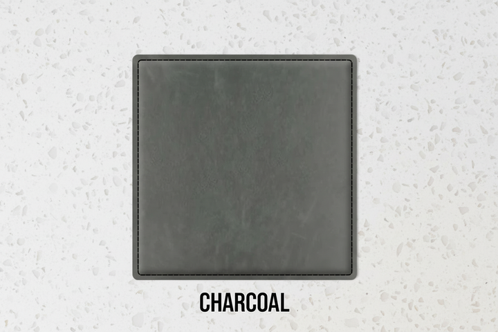 Set of four dark gray leatherette coasters with custom logo branding for weddings, events, and corporate gifts