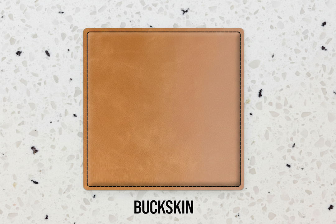 Set of four buckskin leatherette coasters with custom logo branding for weddings, events, and corporate gifts
