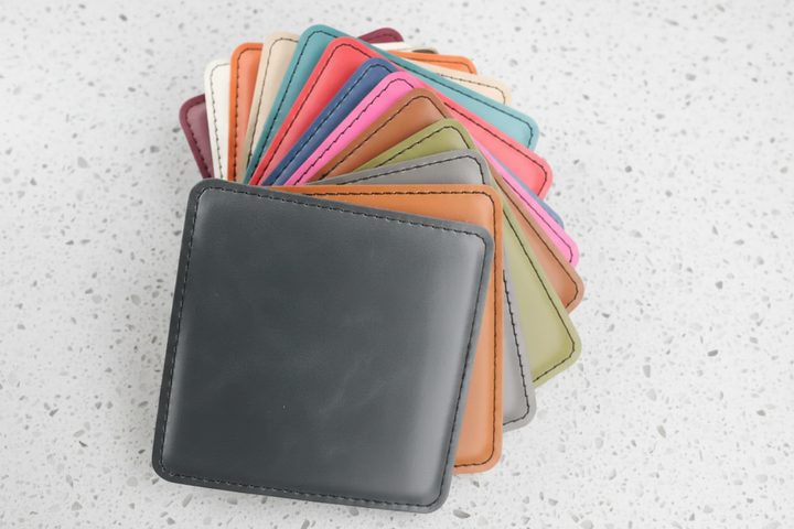 Brown leatherette coasters set of 4 with custom logo branding for corporate gifts, wedding favors, event giveaways, and bulk promotional orders