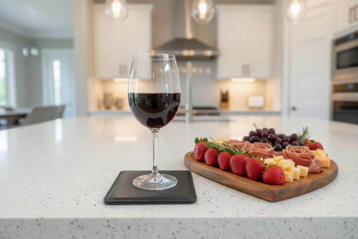 Color swatch book on a kitchen counter with blurred background