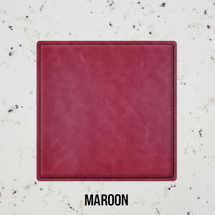 Set of four maroon leatherette coasters with custom logo branding for weddings, events, and corporate gifts