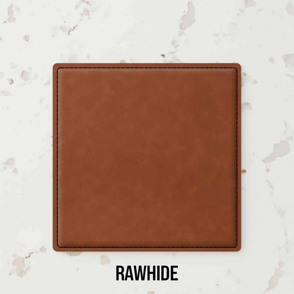 Set of four rawhide leatherette coasters with custom logo branding for weddings, events, and corporate gifts