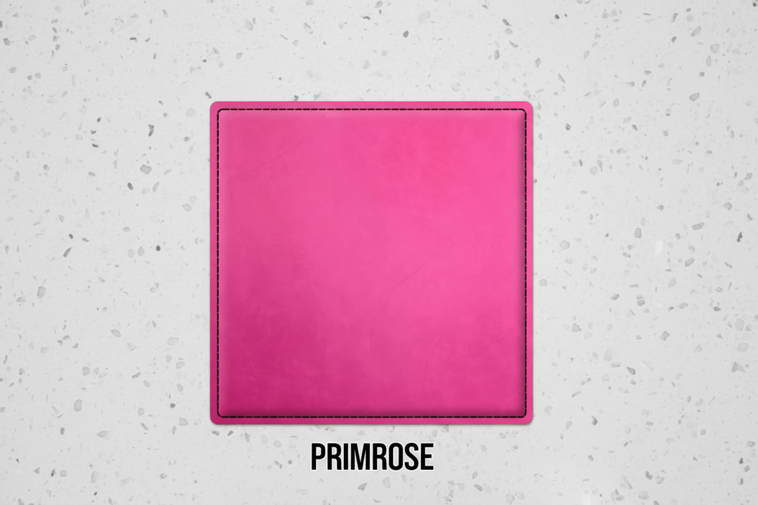 Set of four pink leatherette coasters with custom logo branding for weddings, events, and corporate gifts