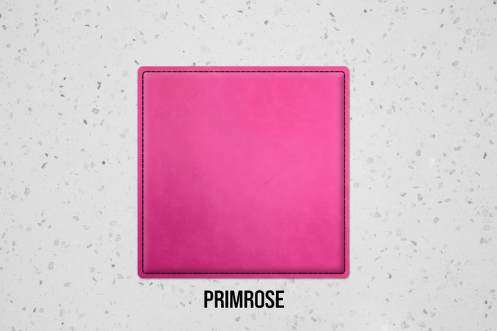 Set of four pink leatherette coasters with custom logo branding for weddings, events, and corporate gifts