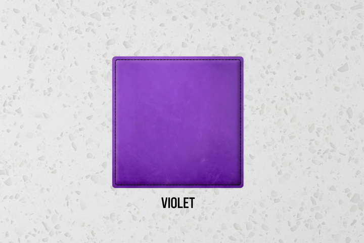 Set of four purple leatherette coasters with custom logo branding for weddings, events, and corporate gifts