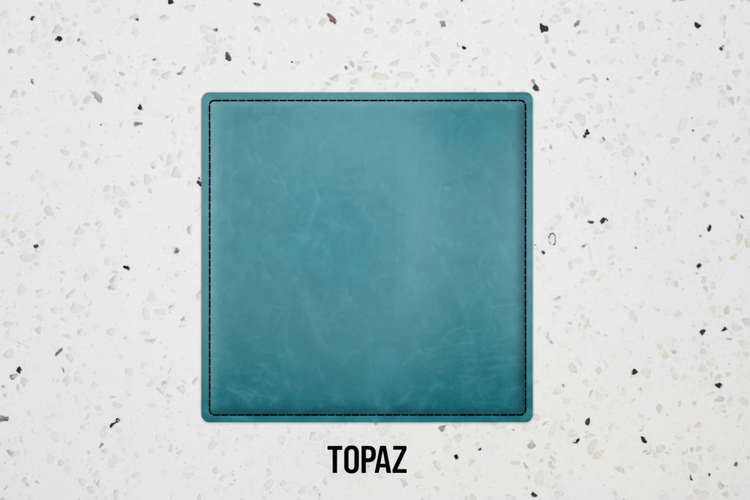 Set of four teal leatherette coasters with custom logo branding for weddings, events, and corporate gifts