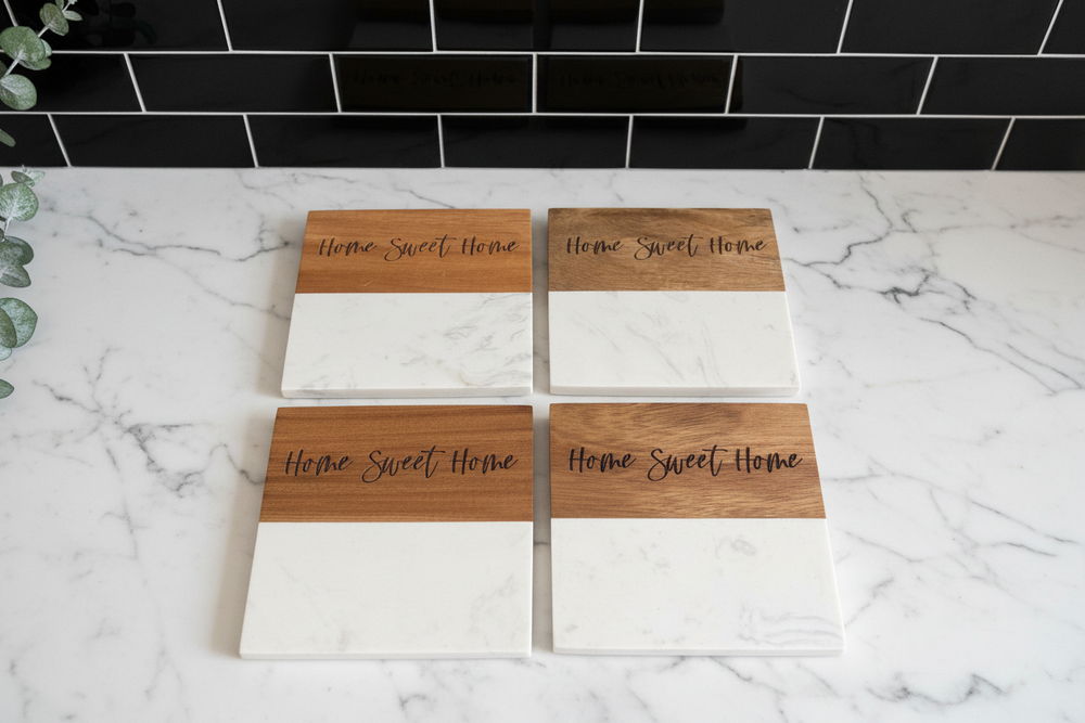 Four wooden coasters with 'Home Sweet Home' text on a marble surface.