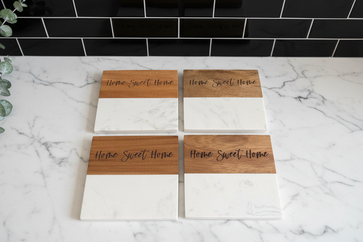 Four wooden coasters with 'Home Sweet Home' text on a marble surface.