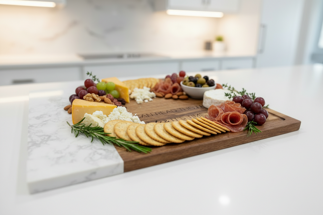 Personalized marble and wood cutting board with engraved logo displayed on kitchen counter for corporate and wedding gifts