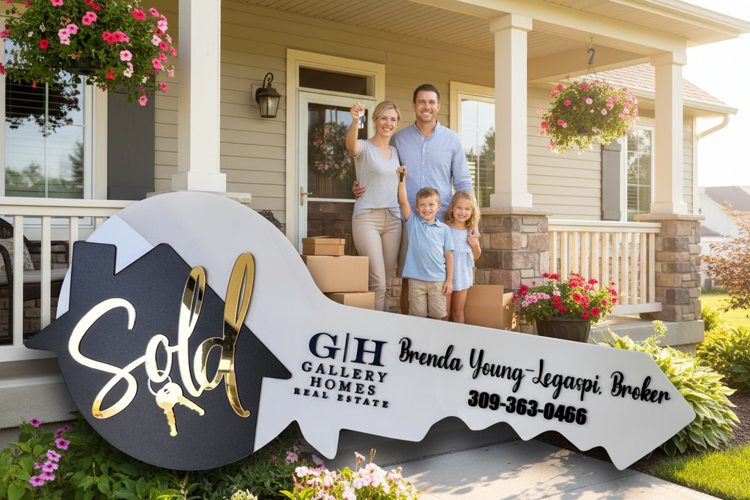 Clients holding custom “Sold” key photo prop for real estate agent closing day marketing