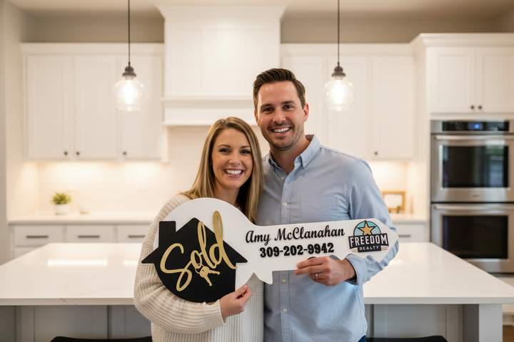 Real Estate Agent clients holding custom “Sold” key photo prop for closing day marketing in a modern kitchen