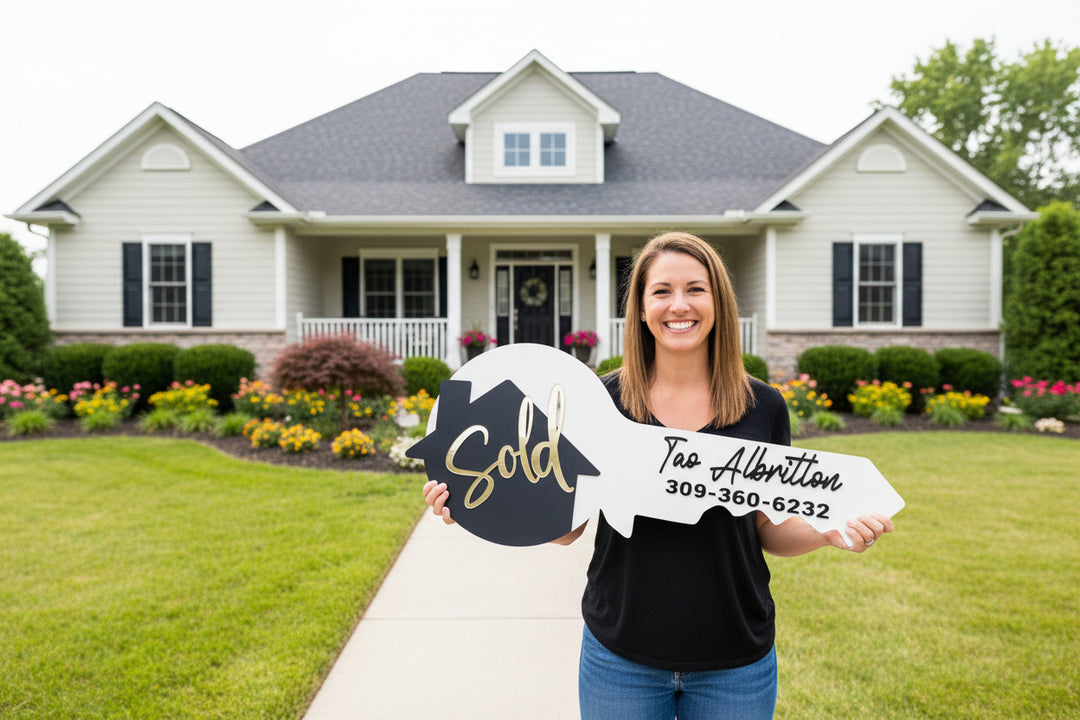 Client holding custom “Sold” key photo prop for real estate agent closing day marketing in front of new home