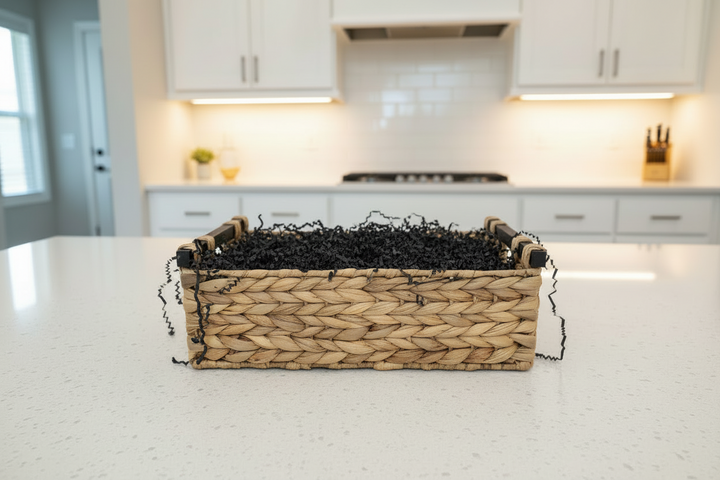 EMPTY WOVEN GIFT BASKET WITH BLACK RIBBON USED FOR CUSTOM WEDDING AND CLOSING GIFT SET PRESENTATION