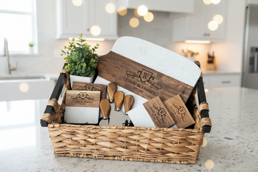 CUSTOM WEDDING AND CLOSING GIFT BASKET WITH MARBLE AND ACACIA WOOD BOARD, CHEESE KNIVES, AND MATCHING PERSONALIZED COASTERS DISPLAYED ON KITCHEN COUNTER