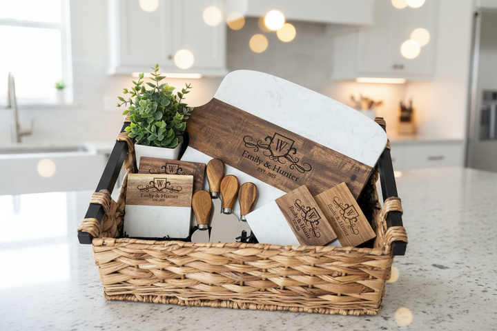 CUSTOM WEDDING AND CLOSING GIFT BASKET WITH MARBLE AND ACACIA WOOD BOARD, CHEESE KNIVES, AND MATCHING PERSONALIZED COASTERS DISPLAYED ON KITCHEN COUNTER