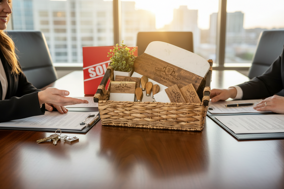 CUSTOM WEDDING AND CLOSING GIFT BASKET WITH MARBLE AND ACACIA WOOD BOARD, CHEESE KNIVES, AND MATCHING PERSONALIZED COASTERS