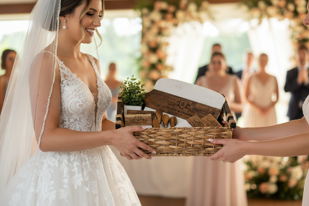 CUSTOM WEDDING AND CLOSING GIFT BASKET WITH MARBLE AND ACACIA WOOD BOARD, CHEESE KNIVES, AND MATCHING PERSONALIZED COASTERS PRESENTED AS A LUXURY GIFT
