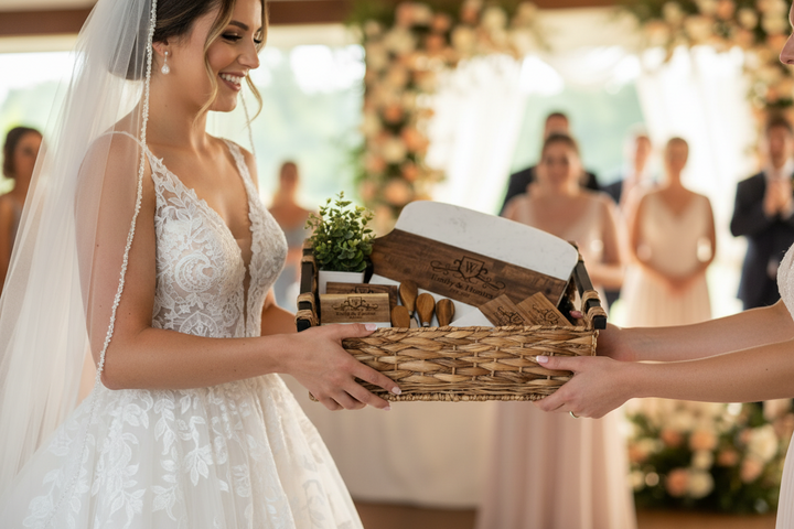 CUSTOM WEDDING AND CLOSING GIFT BASKET WITH MARBLE AND ACACIA WOOD BOARD, CHEESE KNIVES, AND MATCHING PERSONALIZED COASTERS PRESENTED AS A LUXURY GIFT