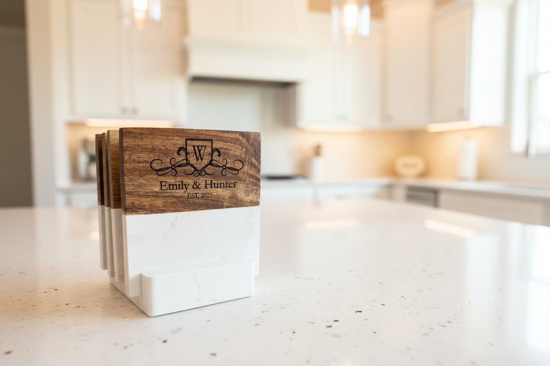 CUSTOM WEDDING AND CLOSING GIFT BASKET WITH MARBLE AND ACACIA WOOD BOARD, CHEESE KNIVES, AND MATCHING PERSONALIZED COASTERS ARRANGED IN A GIFT BASKET