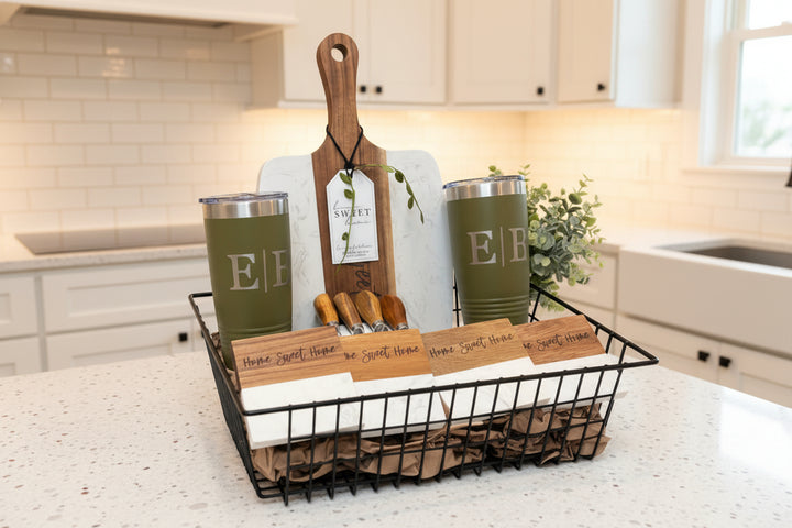Real Estate Agent Closing Gift Basket Set Custom Tumbler Collection Real Estate Professional Present Luxury Homeowner Package Personalized House Warming Gift Wedding Couple Black Wire Basket Marble Coasters Acacia Wood Accessories Kitchen Essentials Collection New