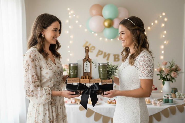 Personalized wedding gift basket with marble and acacia wood serving board, engraved cheese knives, custom coasters, two 20oz tumblers, and decorative wire basket, custom engraved for newlyweds.