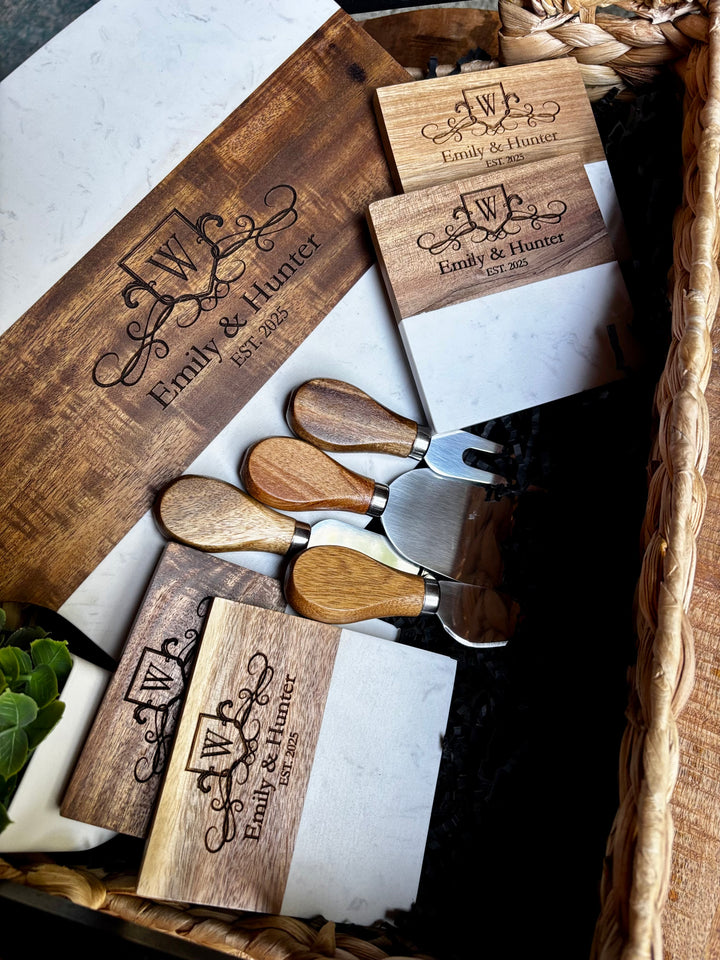 CUSTOM WEDDING GIFT SET WITH ENGRAVED MARBLE AND ACACIA WOOD BOARD AND CHEESE KNIVES PACKAGED IN GIFT BOX