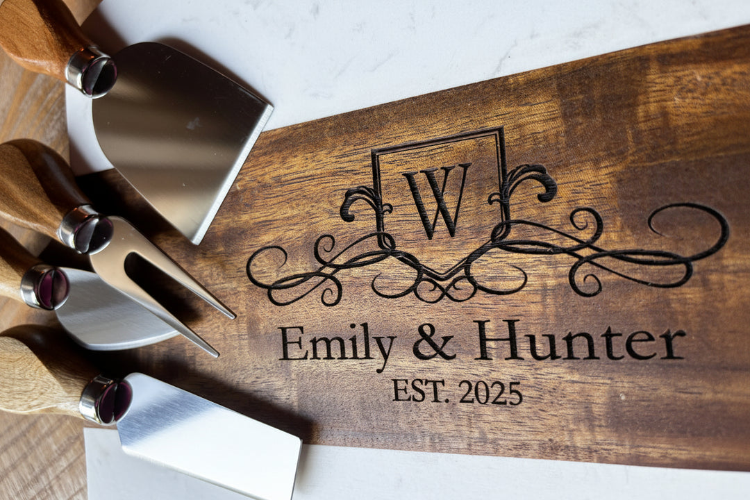 CUSTOM WEDDING & CLOSING GIFT SET WITH ENGRAVED MARBLE AND ACACIA WOOD BOARD AND CHEESE KNIVES FOR NEWLYWEDS