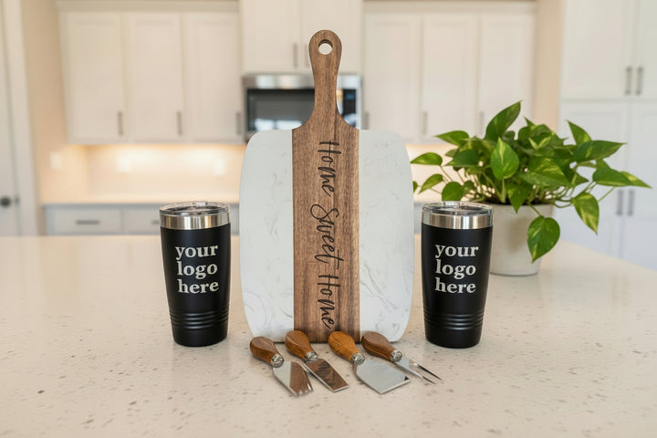 Luxury Homeowner Gift Basket Premium Closing Present Personalized Tumbler Set Marble Acacia Wood Accessories Elegant Kitchen Collection Black Wire Basket Design Custom Real Estate Gift Professional Client Appreciation Package House Warming