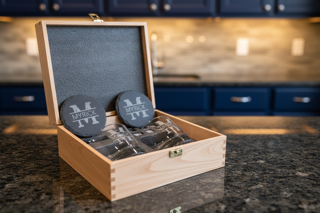 Custom whiskey gift set with black bow in wooden box personalized gift for groomsmen wedding party and corporate gifting