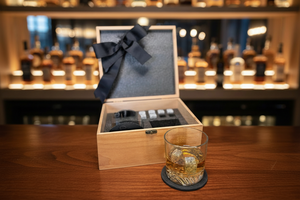 Custom whiskey gift set in wooden box with black bow, ideal for groomsmen, wedding, and corporate gifts