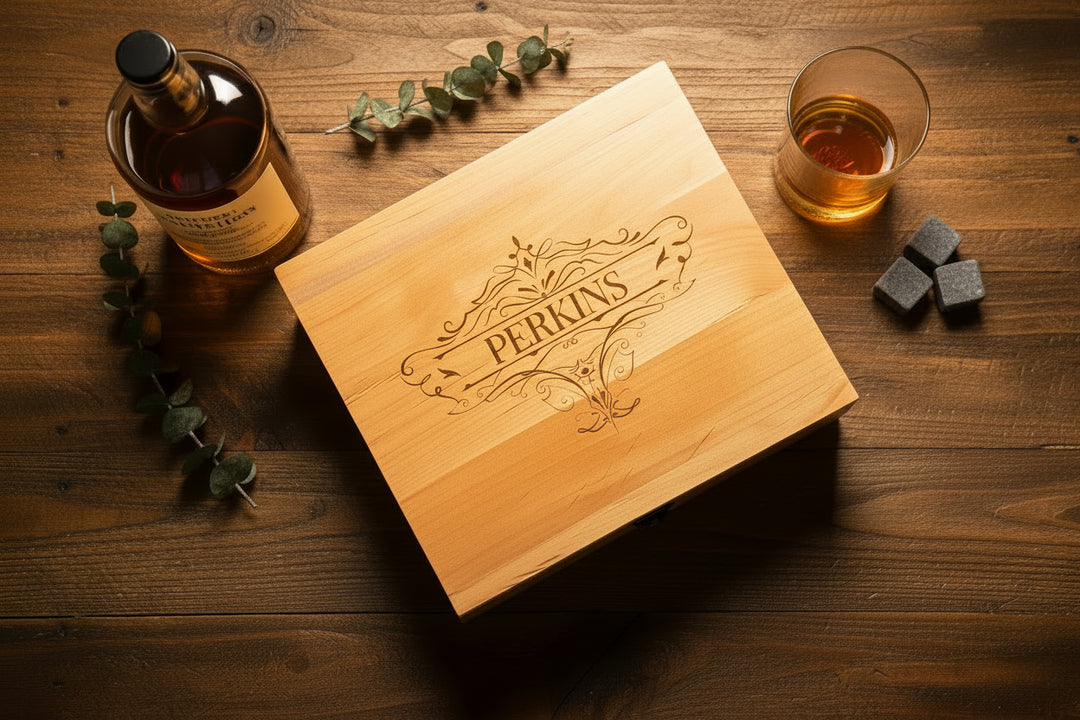 Custom whiskey gift set in red alder wood box with glasses, stones, and coasters for groomsmen, wedding, and corporate gifts