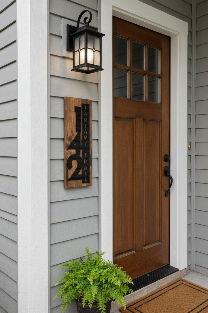 Custom wooden address sign with house numbers and vertical street name mounted beside a front door on a gray house exterior
