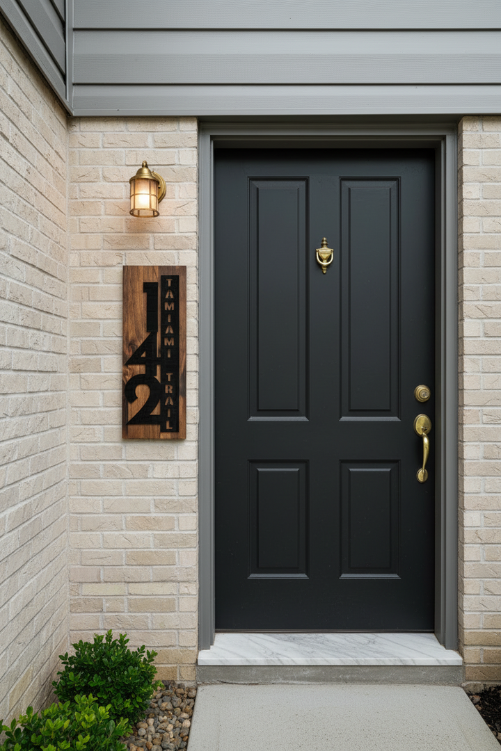 Custom wooden address sign with house numbers and vertical street name mounted beside a front door entrance