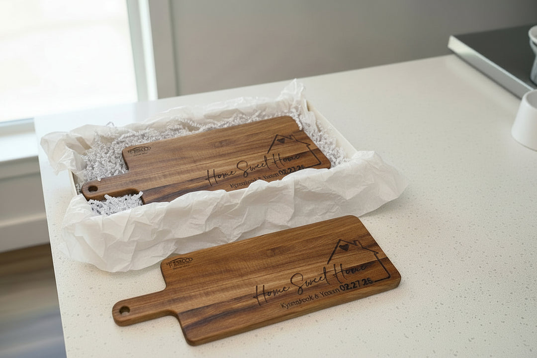 Custom engraved acacia wood cutting boards with Home Sweet Home design, personalized gift for realtor closing, housewarming, and new homeowners