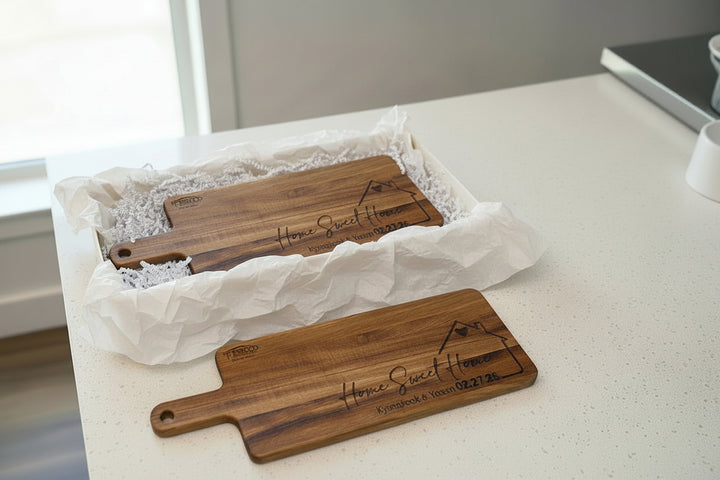 Custom engraved acacia wood cutting boards with Home Sweet Home design, personalized gift for realtor closing, housewarming, and new homeowners