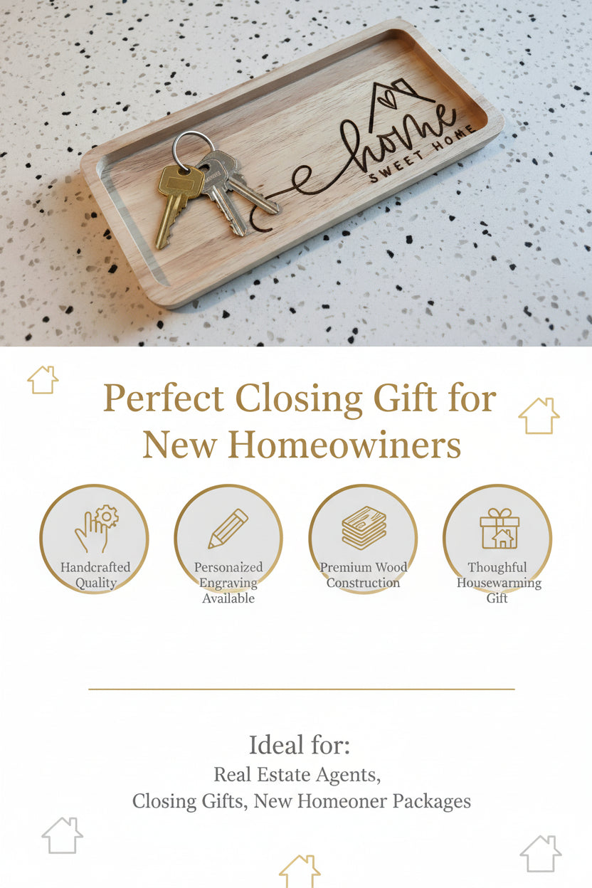 Engraved wood key tray with Home Sweet Home design holding keys on entryway catchall tray
