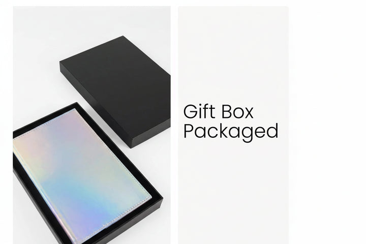 Personalized engraved leatherette journal in black gift box packaging with notebook inside ready for gifting custom journal set