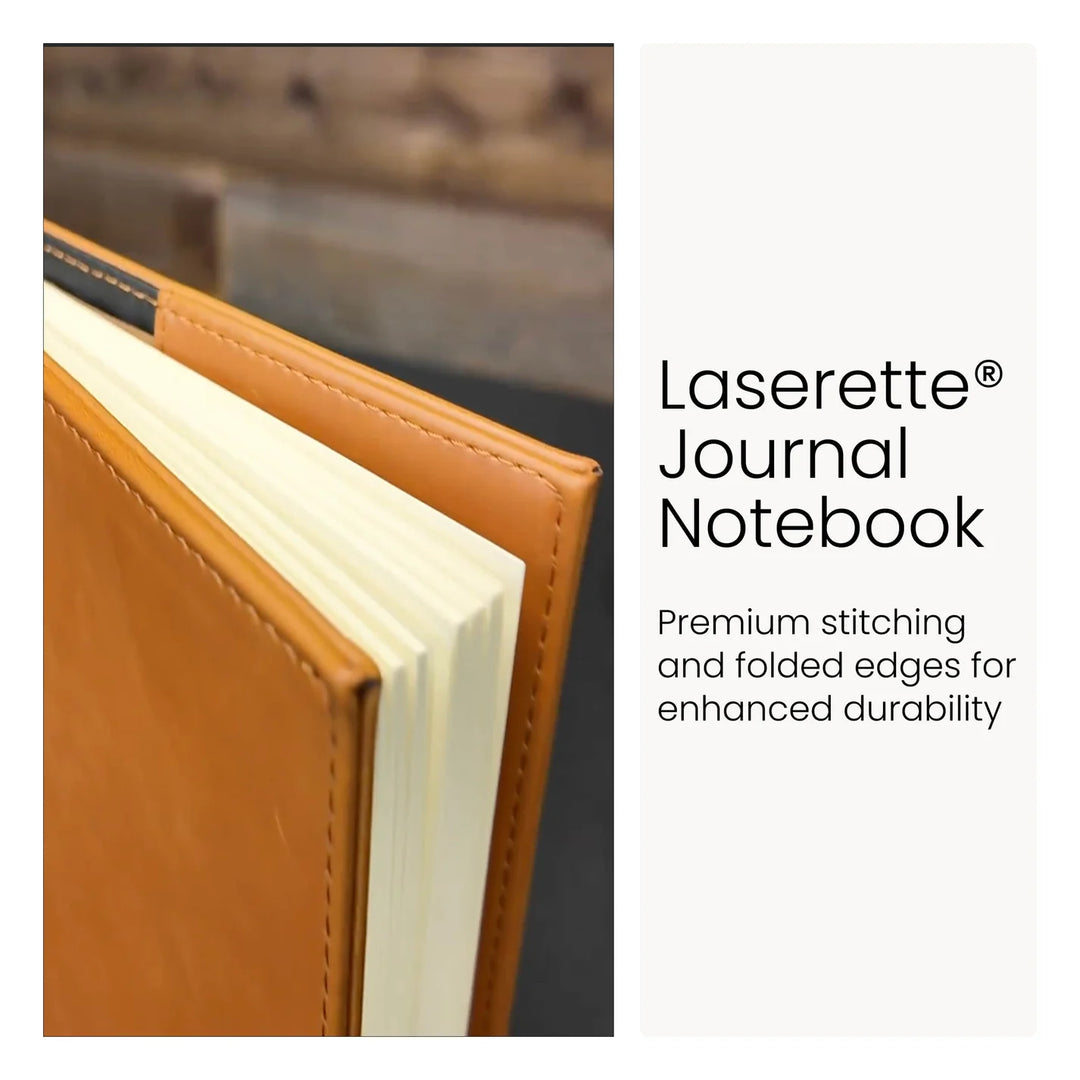 Close up of engraved leatherette journal showing premium stitching folded edges and quality notebook pages for personalized gift