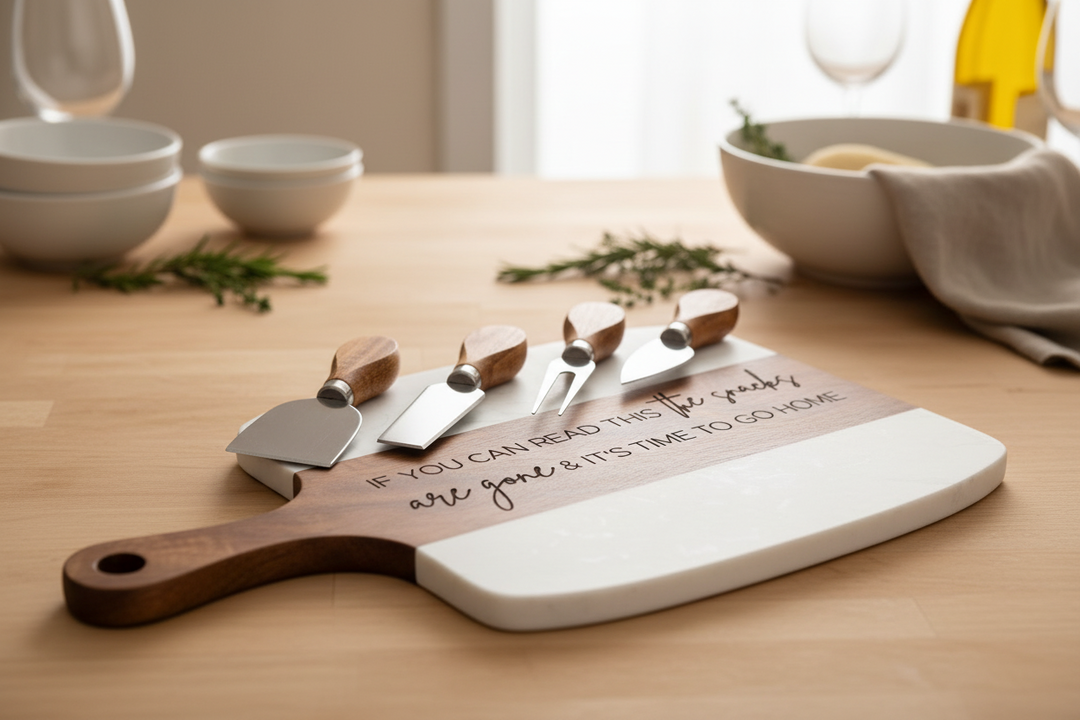 Engraved marble and acacia cheese board set styled for housewarming and hostess gift