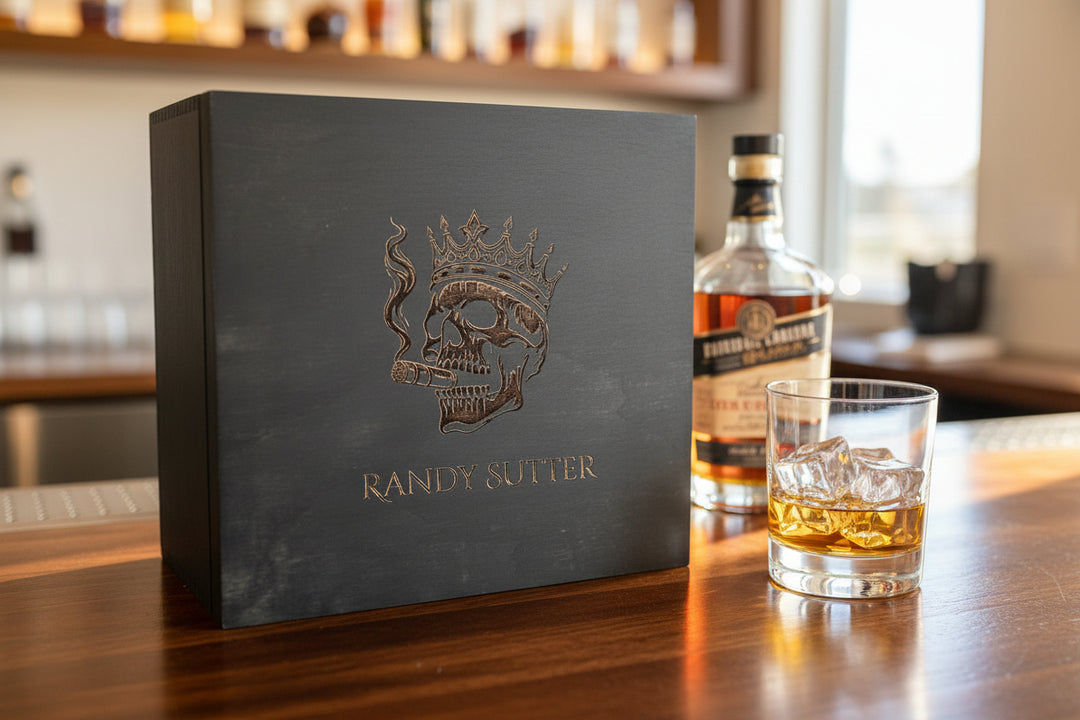 Custom engraved wooden whiskey box with skull and crown design and personalized name on lid unique gift for groomsmen and whiskey lovers