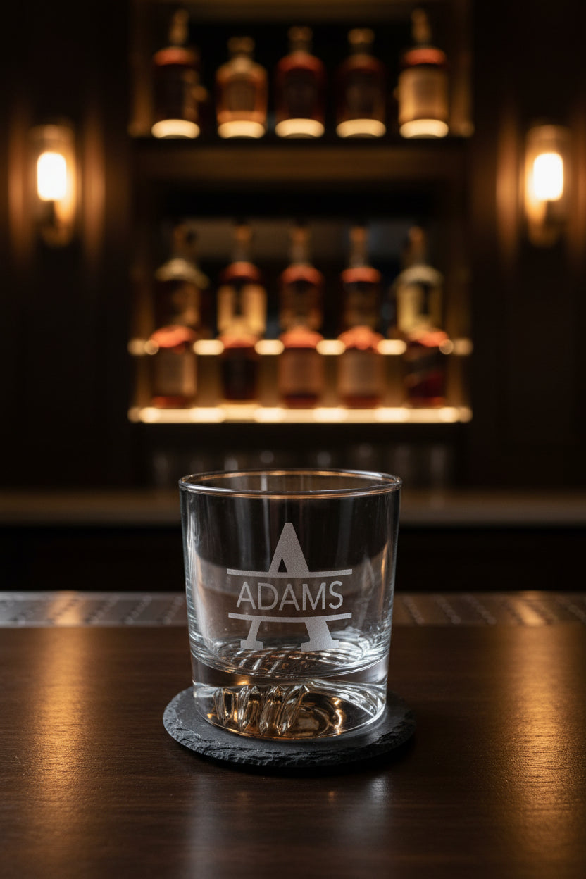 Personalized engraved whiskey glass with initial and name Adams on rocks glass displayed on bar for groomsmen wedding and corporate gifts