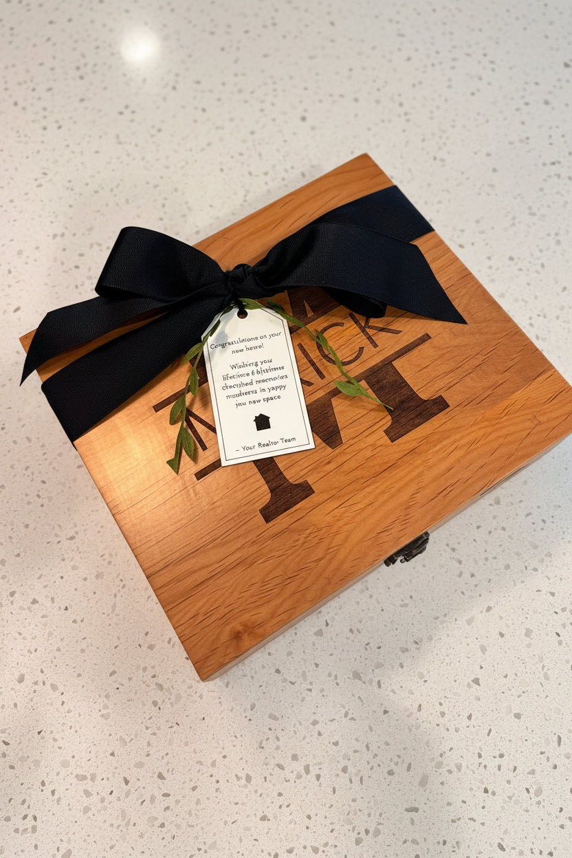 Personalized engraved wooden whiskey gift box with initials on lid black ribbon and gift tag perfect for groomsmen wedding and corporate gifts