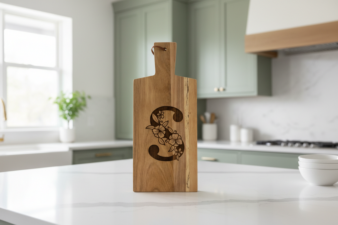 Custom engraved monogram acacia wood cutting board displayed in kitchen, personalized gift for Mother’s Day, birthdays, or housewarming.