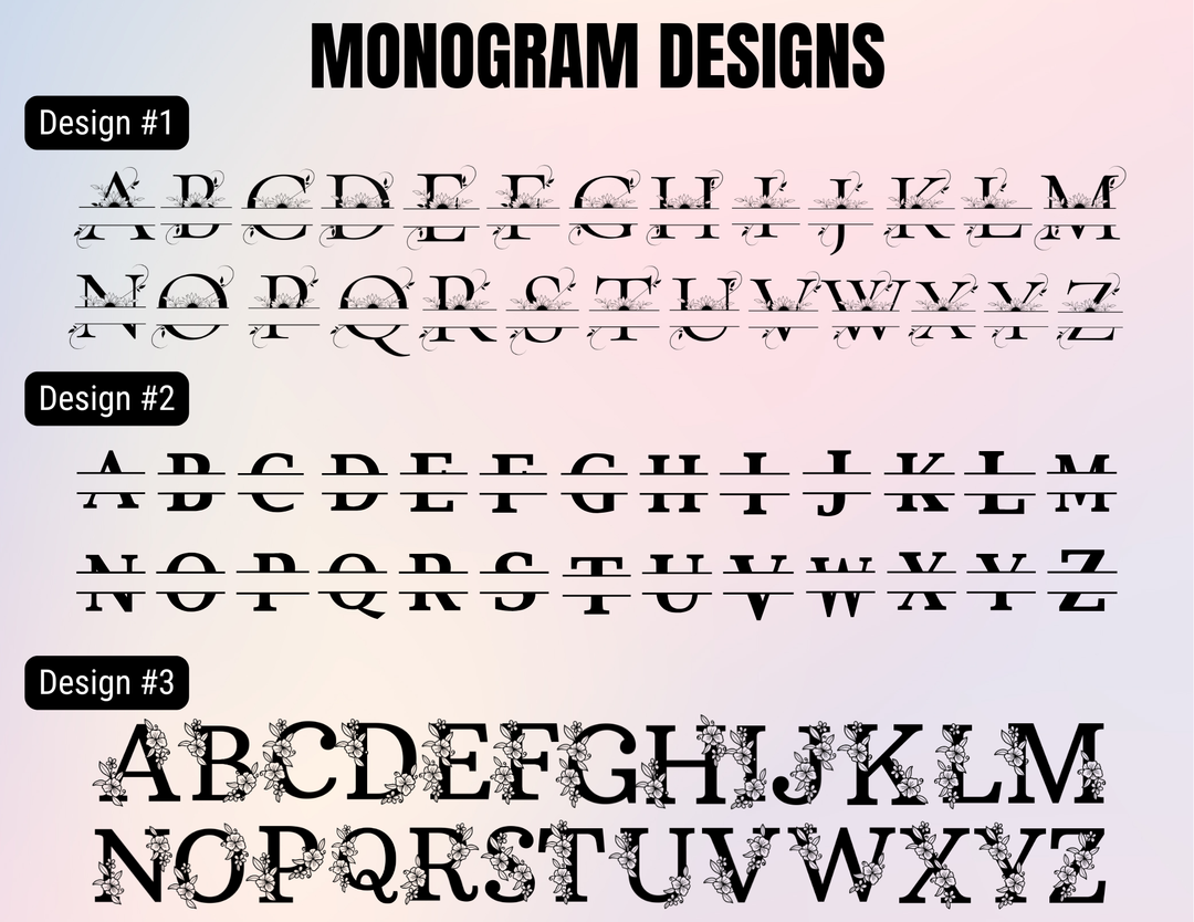 Monogram design options chart with floral and split letter alphabet styles for personalized engraved cutting boards wedding gifts and housewarming gifts