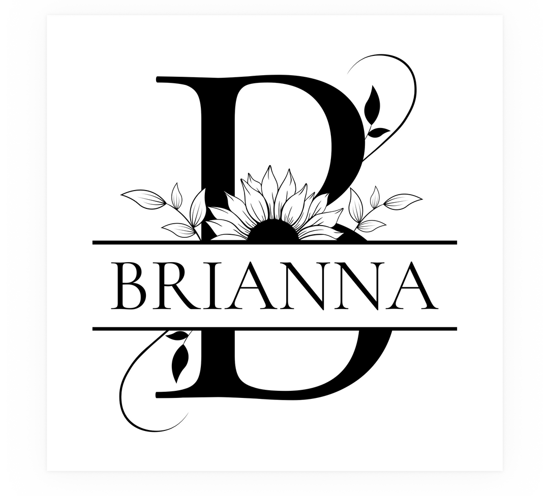Floral split letter monogram with name Brianna custom engraving design for personalized cutting boards and wedding gifts