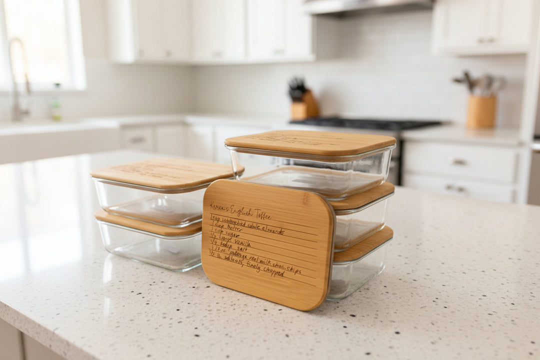 50 oz rectangular glass food storage container with bamboo lid on wooden surface recipe engraved
