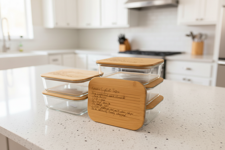 50 oz rectangular glass food storage container with bamboo lid on kitchen counter