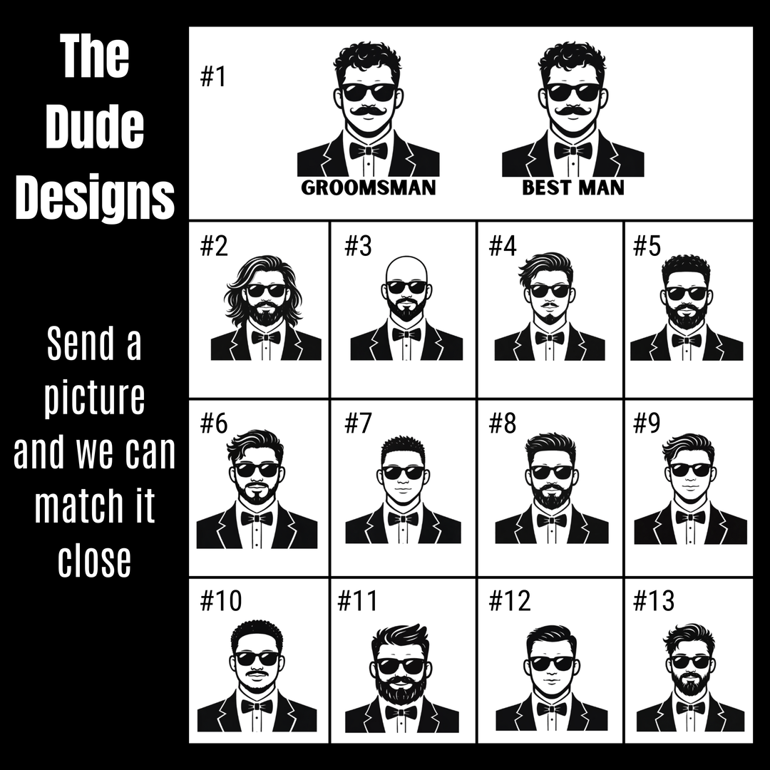 Custom groomsmen dude design options chart for personalized Polar Camel tumblers including groom best man and groomsman styles